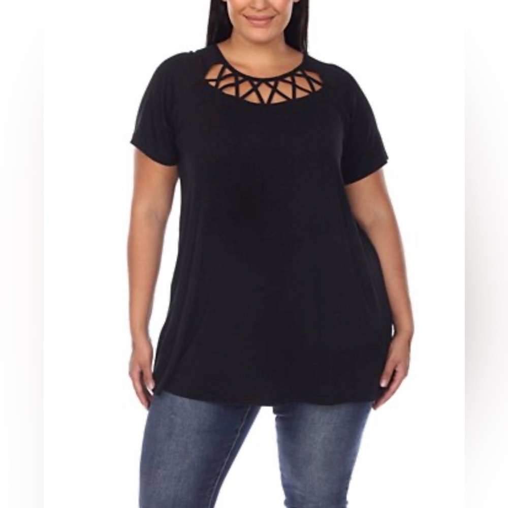 White Mark Black Blousey Top with Open X’s on chest. Size 2x AR 5